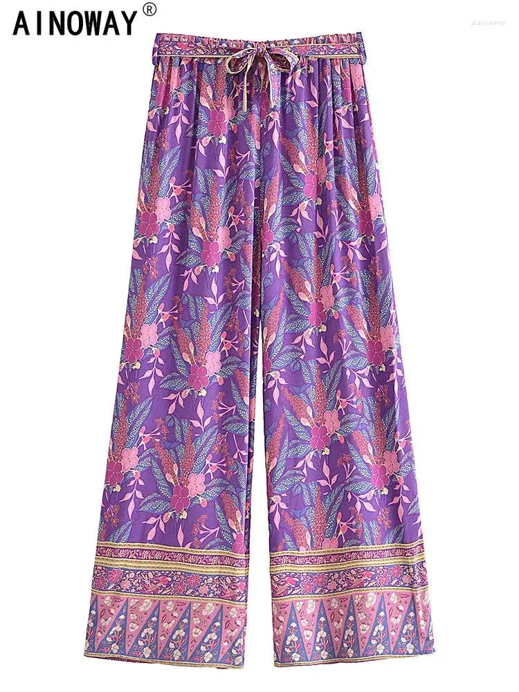 Pantaloni da donna Vintage Autunno Donna Viola Stampa floreale Bohemian Gamba larga Lady Gotico Elastico in vita Pantaloni casual Boho larghi