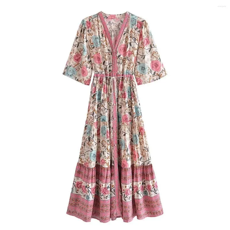 فساتين الحفلات 2024 أزياء عطلة طويلة لباس أسفل بوهو نمط أنيقة Maxi High Weist Viscose Floral Printing Vestidos Mujer