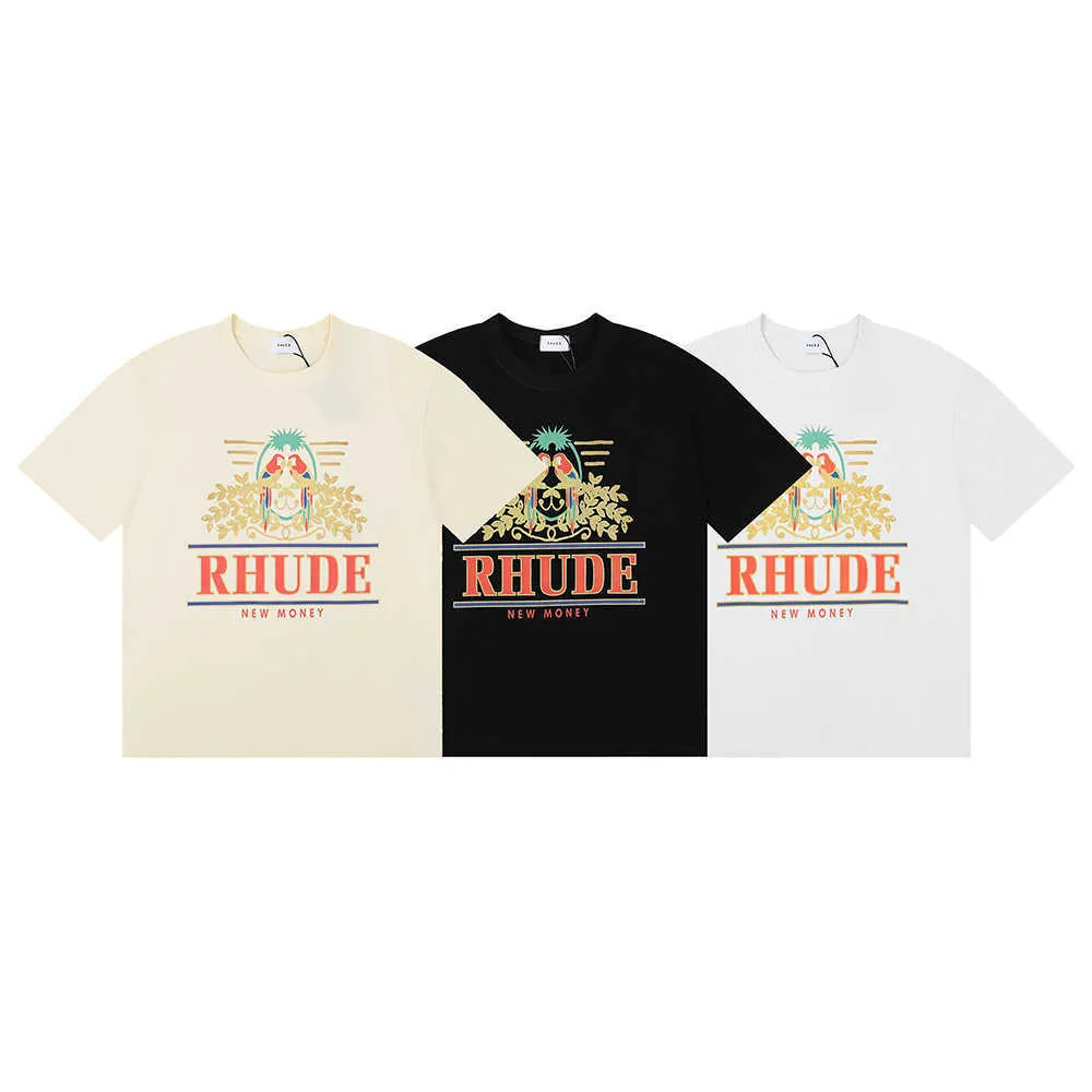 American Fashion Brand Rhude Long Tailed Parrot Print Hip Hop Mens and Womens Leisure Round Neck Short Sleeve T-shirt