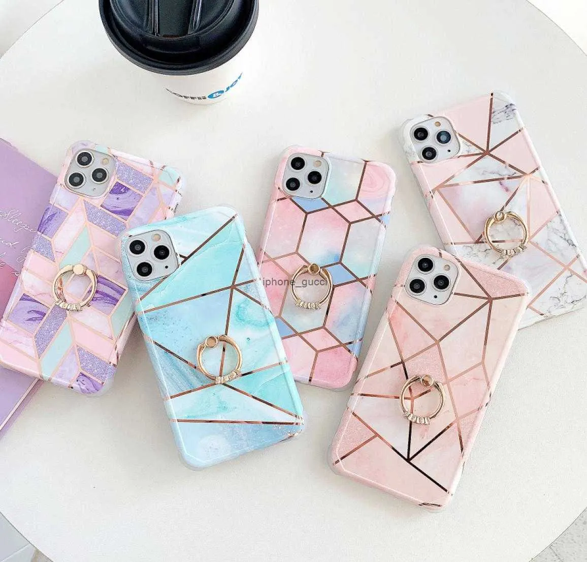 Shockproof Ring Holder Hard Cover Plated Geometric Stand Marble Case for iPhone 13 12 mini 11 Pro XS Max XR X 7 8 Plus5824741