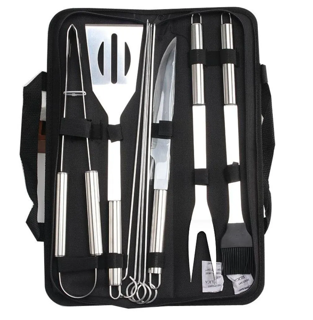 9 pezzi Set di utensili per barbecue in acciaio inossidabile Utensili per griglia per barbecue all'aperto con borse Oxford Kit di coltelli per spazzole per griglia in acciaio inossidabile8410655