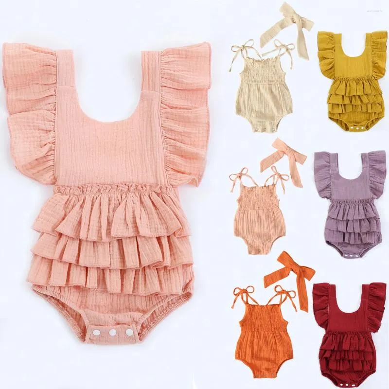 Rompers Infant Bodysuit Born Girls Romper Headband 2Pcs Baby Clothes Ruffled Jumpsuit Backless Party Costume Children A451