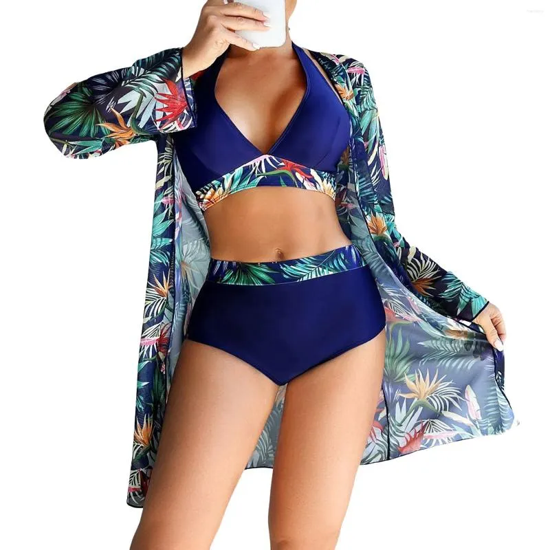 Maiôs femininos de 3 peças com estampa tropical push up cintura alta conjuntos de biquíni manga comprida capa de praia boho roupa de banho