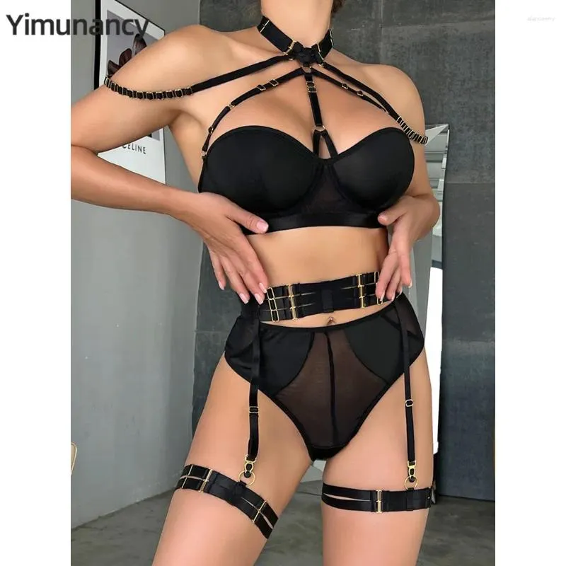 Conjuntos de sutiãs Yimunancy gótico bandagem lingerie conjunto mulheres 4 peças halter fora do ombro sutiã sexy breve kit