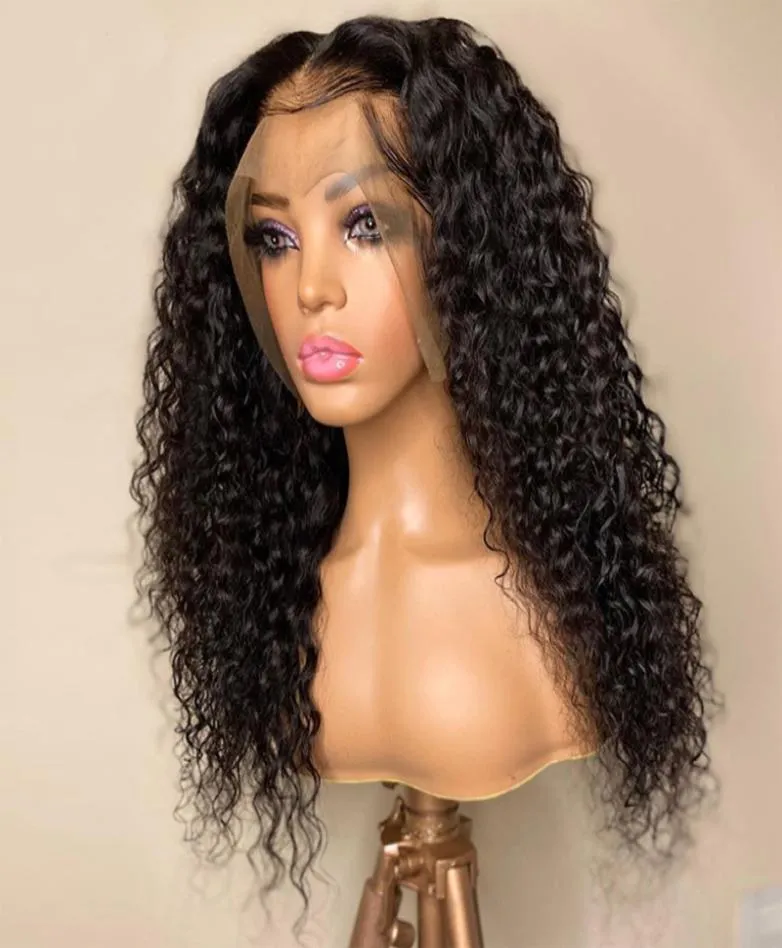 26Inch 180Density Natural Black Color Long Curly Wig Part Glueless Lace Front wigs Remy Soft With Baby Hair For Women Heat R4051655