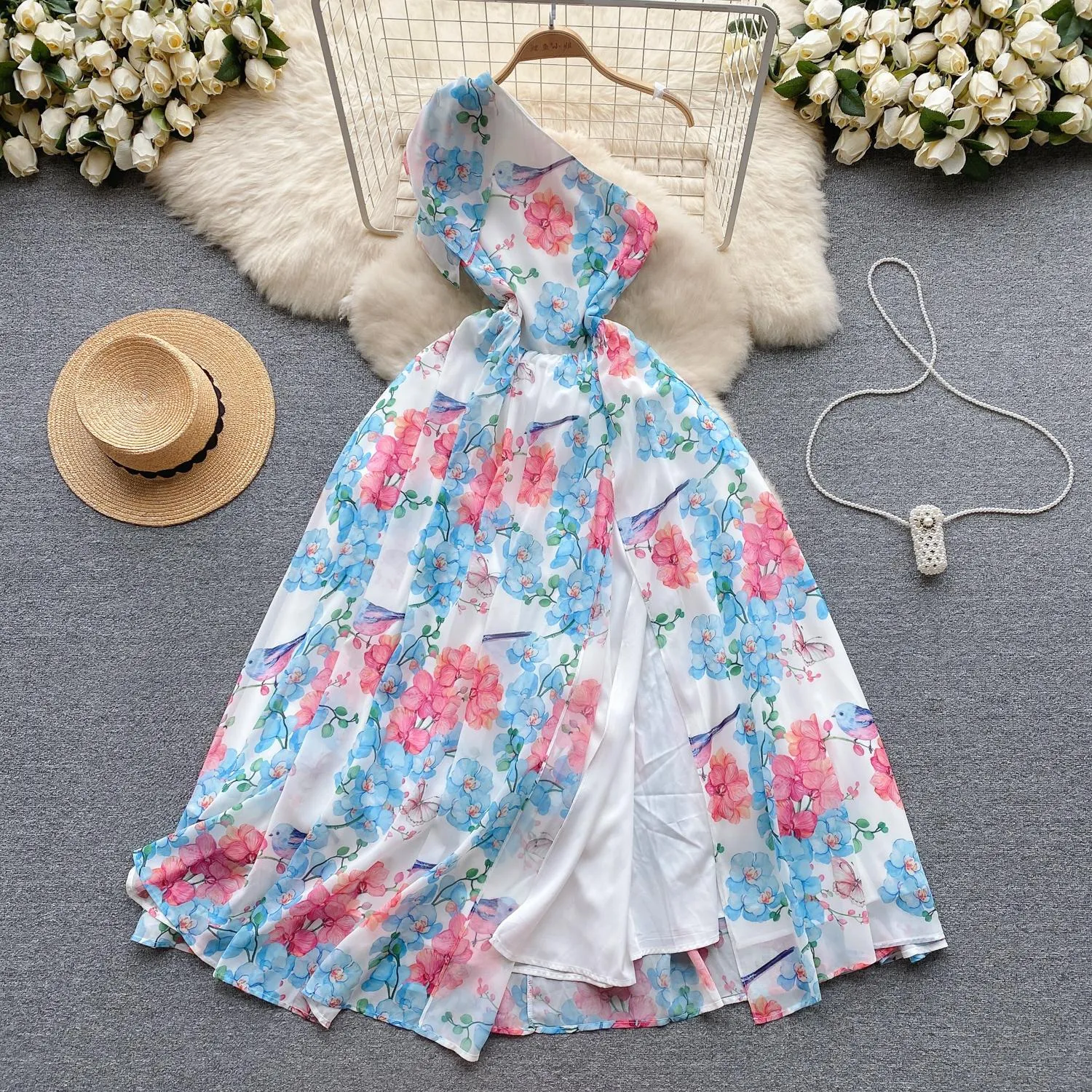 Casual Summer Maxi Dress Women One Shoulder Bow Red Rose Print Ankle-Length  A-Line Dress from Dhgate Basic & Casual Dresses - price 36.19