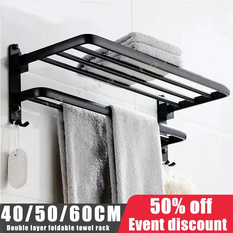 Toalheiro de camada dupla 405060cm, preto, sem perfuração, suporte de parede móvel, chuveiro de alumínio, acessórios de banheiro 240304