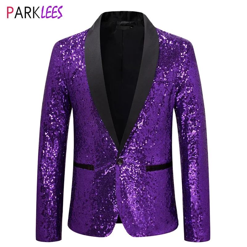 光沢のある紫色のスパンコールグリッター装飾されたタキシードスーツジャケット男性