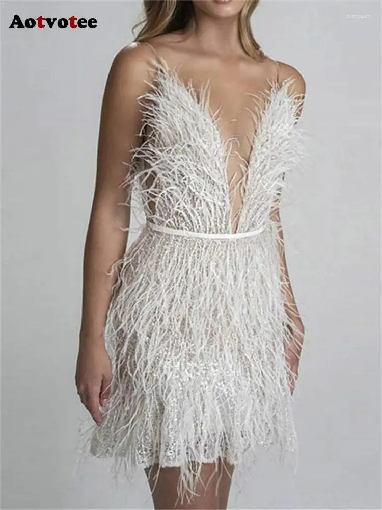 Casual Dresses Aotvotee Spaghetti Strap Dress For Women 2024 Fashion Vintage Feathers White Chic Sexy Slim V Neck Backless Mini