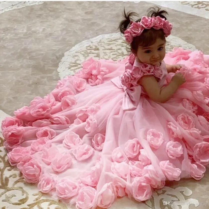 Rosa colher flor menina vestidos feitos à mão flores tule meninas casamento luxuoso comunhão pageant vestido vestidos f168268w