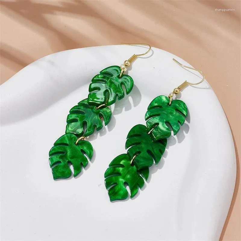 Orecchini pendenti alla moda foglie verdi acrilico per le donne personalità pianta fresca lunga foglia vintage nappa gioielli