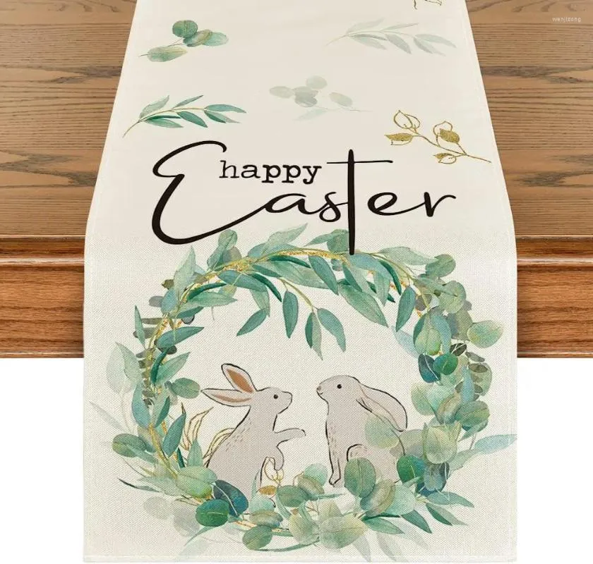 Bordduk Garland eukalyptus Happy Easter Linen Runner Decor Seasonal Spring Dresser Scarf Kitchen Dining