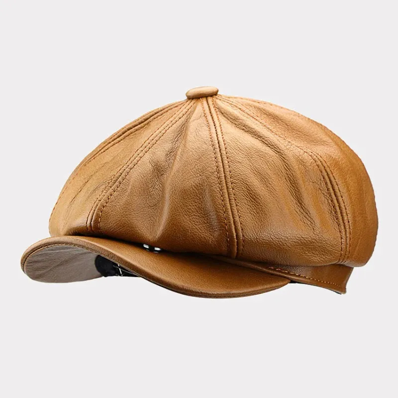 Autumn Cowhide Octagon Hat Men Fashion Leather Beret sboy Peaky Blinders Forward Retro Elegant Painter Cap 240229