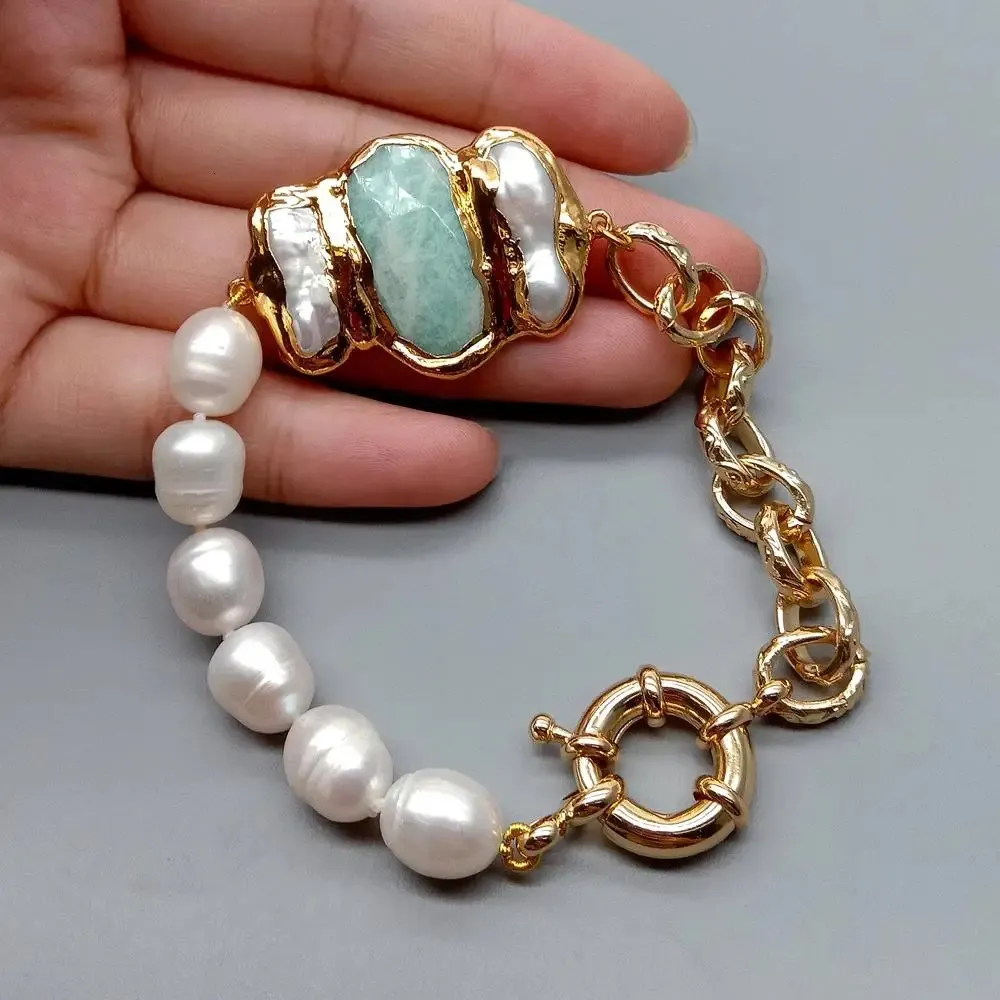 YYGEM natural White Rice Freshwater Pearl Gold Filled ite Biwa Pearl Chain Bracelet 8 vintage style for women 240305