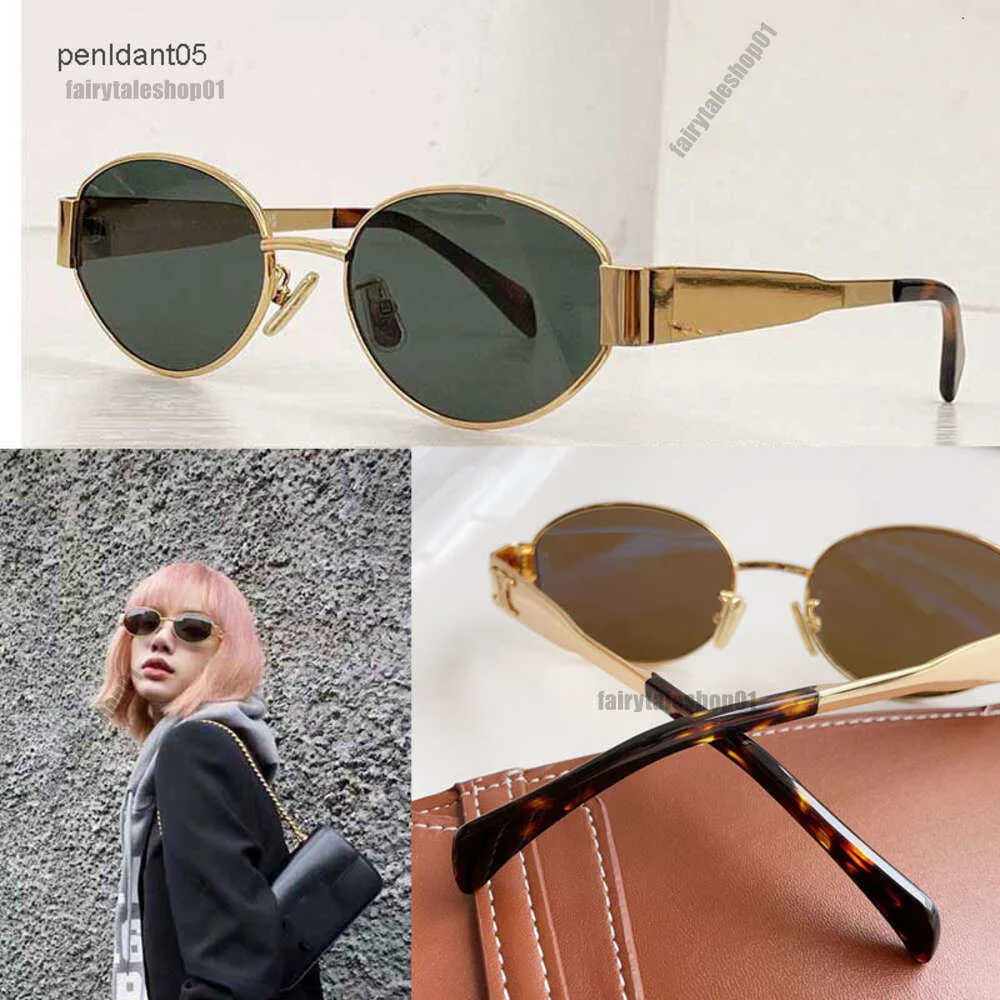 Sunglasses Women Arc de Triomphe Oval Frame Sunglasses CL40235 Womens Gold Wire Mirror Frame Green Lens Metal Mirror Leg Triplet Signature on Temple