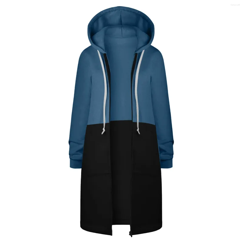 Women's Hoodies Beauty's Winter Color-blocked Long-sleeved Hooded And Lengthened Hip-wrapping Zipper Straight-leg Sweatshirt