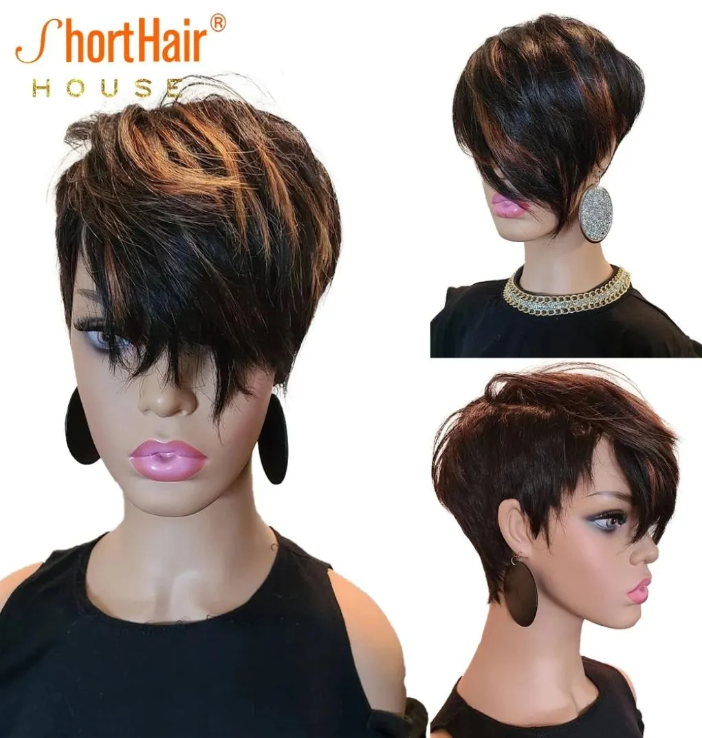 Podświetl peruki Human Hair Bob Human z długimi naturalnymi grzywkami dla czarnych kobiet pełna maszyna Made Pixie Cut Wig1326026