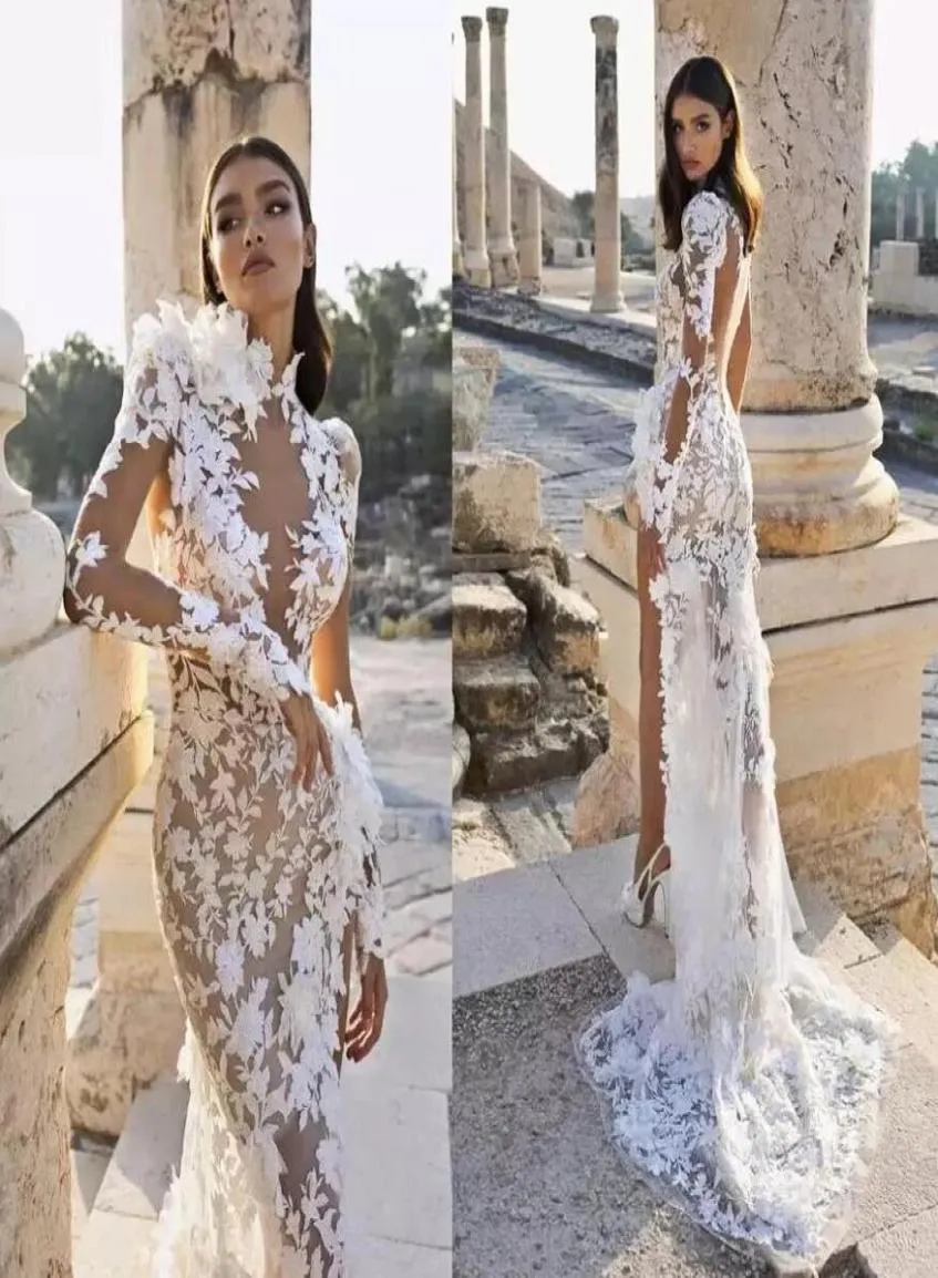 Arabia Mermaid Wedding Dress 2023 berta High Collar Side Slit Illusion Lace Appliques Long Sleeve Sweep Train Boho Bridal Gown GJ02640639