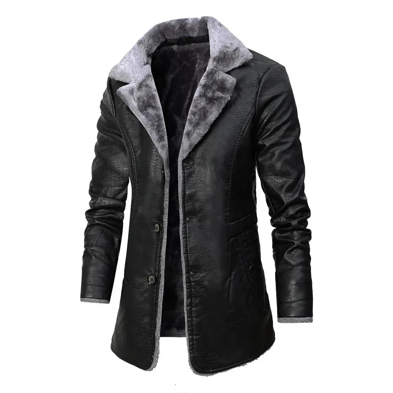 Chegou homens jaqueta de couro de inverno lapela velo motor motociclista jaqueta de couro masculino negócios casual longo casacos de couro falso 240227