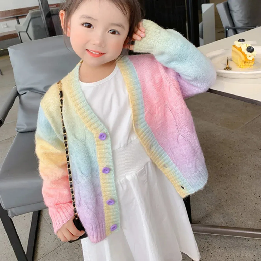 Arc-en-ciel tricoté Cardigan pull enfants fille automne hiver doux Kawaii manteau enfants coréen bouton vers le bas 240301