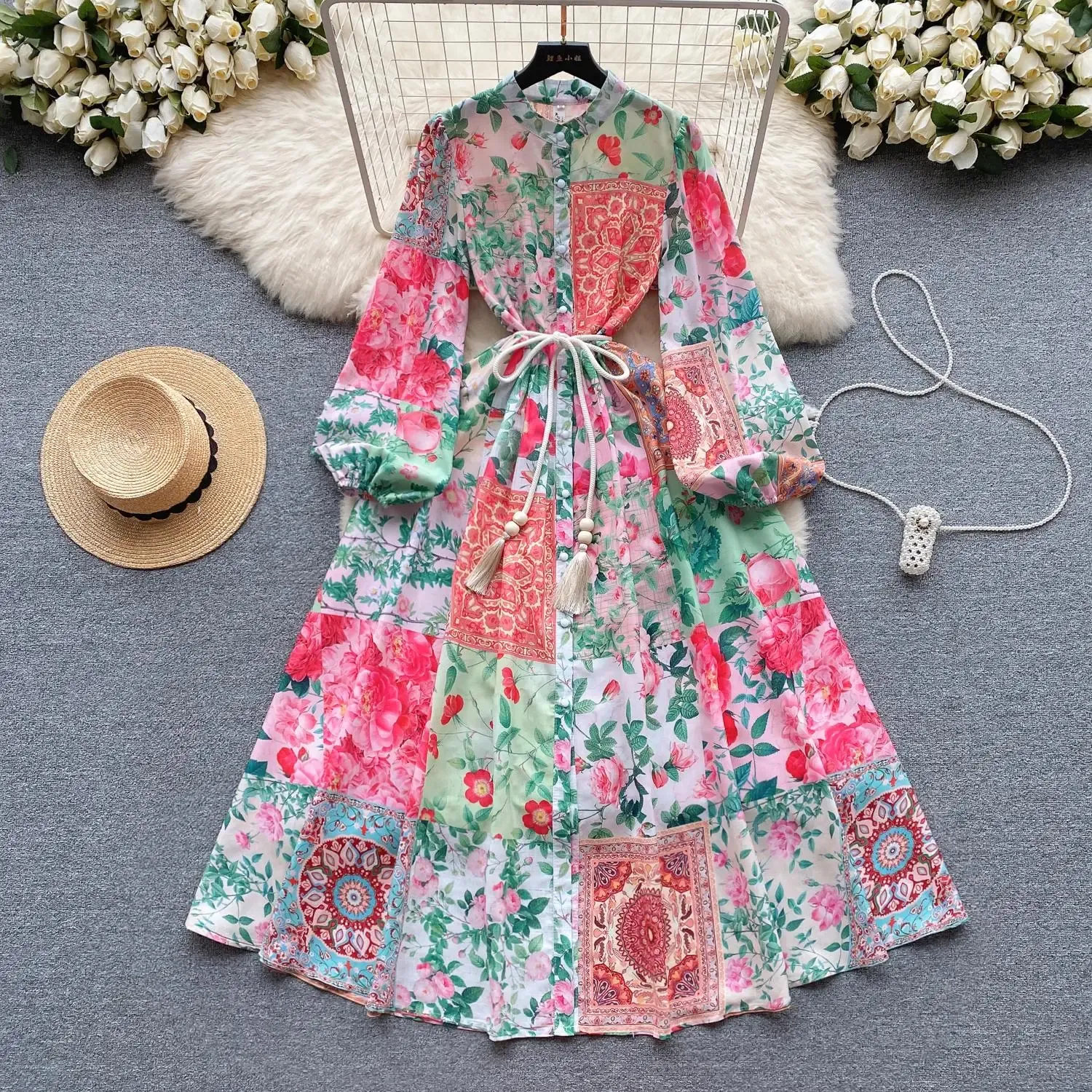 Basic Casual Jurken 2024 Hoge Kwaliteit Lente Damesmode Runway Vakantie Maxi-jurk met Riem Lantaarn Lange Mouwen Bloem Gedrukt Boho Gewaad vestidos