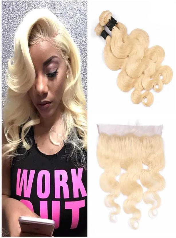 613 faisceaux de cheveux humains blonds 3 pièces avec 1pc dentelle frontale cheveux doux et lisses faisceaux de cheveux vierges brésiliens blonds avec frontal C4581225