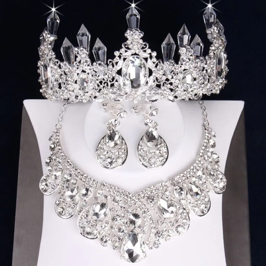 Affascinanti gioielli in argento 3 pezzi abiti collana orecchini diademi corone set di gioielli da sposa accessori da sposa gioielli da sposa T3033588