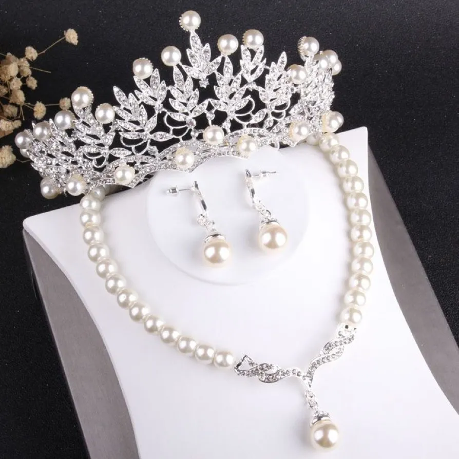 Conjuntos de joias de noiva com pérolas de prata encantadoras, 3 peças, colar, brincos, tiaras, coroas, acessórios de noiva, conjuntos de joias de casamento 254p