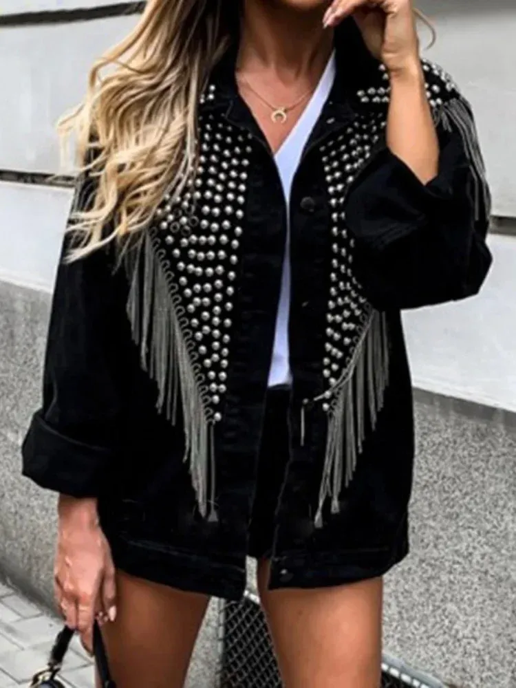 Women Streetwear Style Denim Jacket Spring Autumn Long Sleeve Lapel Rivet Tassel Loose Korean Jeans Coat Female Black Outwear 240301