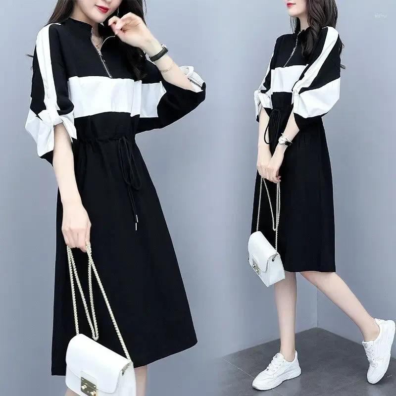 Casual Dresses Fashion Stand Collar dragkedja Shirring spetsar upp båge kvinnliga kläder 2024 vår sommar lös koreansk midi klänning
