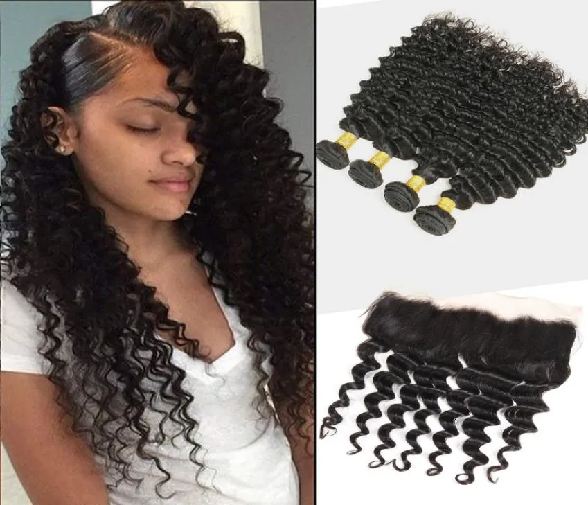 Extensões de cabelo virgem malaio 830 polegadas pacotes de onda profunda com 13x4 rendas frontal 4 peças / lote encaracolado cabelo humano laço frontal8573978