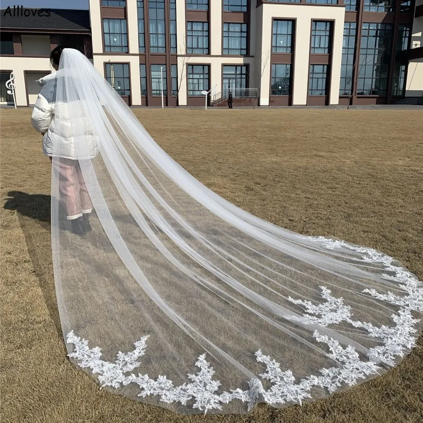 Trendy White Ivory Lace Appliced ​​Wedding Veils For Bride With Comb Elegant One Lay Tulle Long 3M 3 5M 4M 5M Bridal Veil Headpie199z