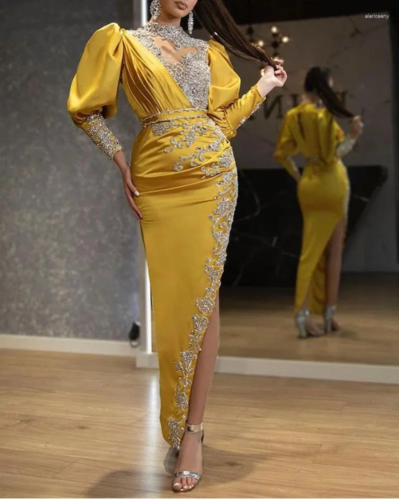 Sıradan Elbiseler Saten Pullu Dekorasyon İnce Ziyafet Kadınlar Gece Elbise Sarı Çoklu Boyutlar Fermuar Büyük Hem Coble Zarif resmi