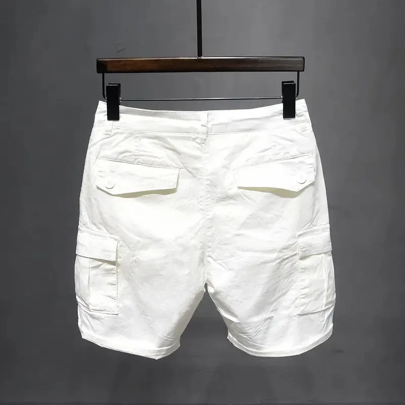 Корейские постиранные роскошные мужские узкие джинсы Дизайнерские джинсовые короткие брюки на лето Бойфренд Стрейч прямые белые хлопковые шорты-карго 240306
