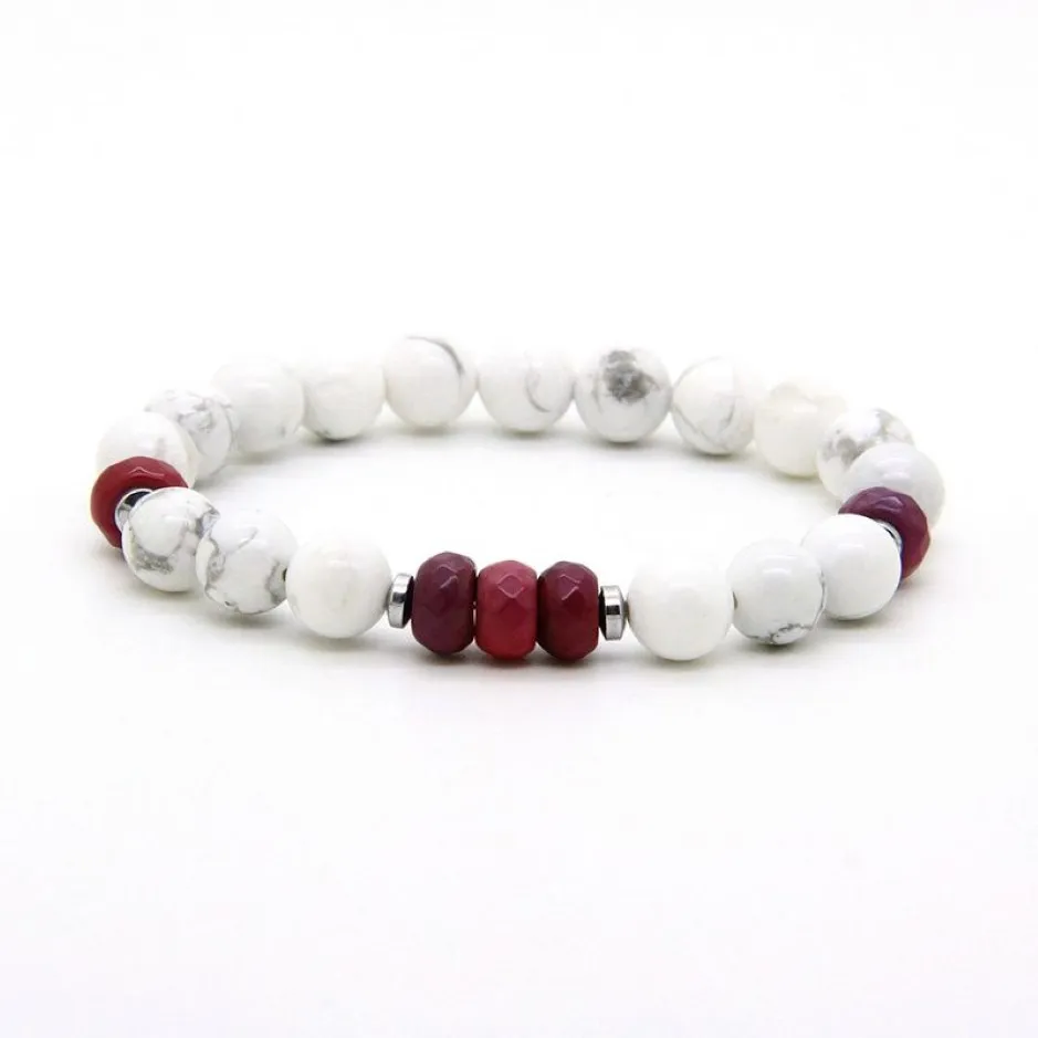 Unisex Couples Jewelry Whole 10pcs lot 8mm White Howlite Marble & Fire Agate Stone Distance Lovers Lucky Bracelets302O