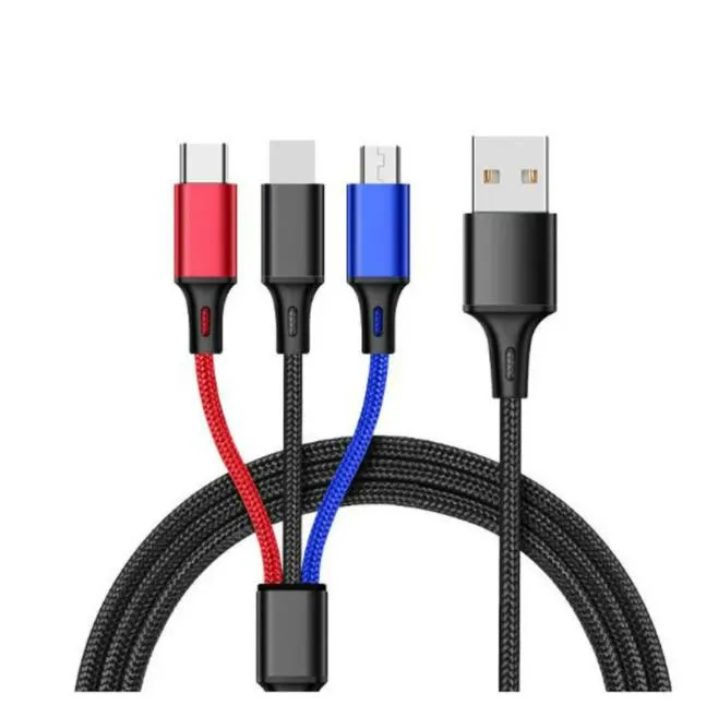 Väv 3 i 1 USB -kabeltyp C -kabel för Samsung Xiaomi laddningskabel Fit iPhone 14 13 12 x 11 Pro Max Charger Micro USB -kabel med paket