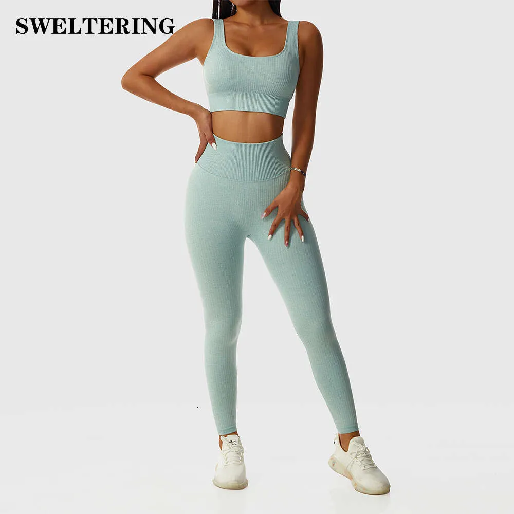 Lu Align Lemon Set 2 Piece Seamless Ribbed Workout Outfits For Women Sport Bra High midjeshorts Yoga Leggings Suits Fiess Gymkläder 2024 Gym Jogger Sport