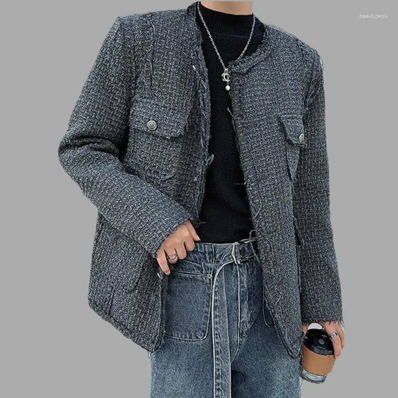 Chaquetas para hombres Hombres Tweed Color Sólido Cuello redondo Manga larga Streetwear Botón Casual Traje Abrigos Invierno Borde de piel Ropa exterior gruesa