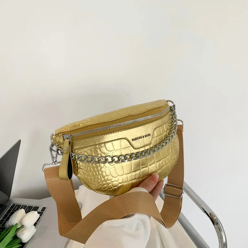 Поясная сумка с цепочкой, роскошная золотистая, серебряная сумка для женщин, кожаная поясная сумка, модная сумка через плечо с каменным узором, дорожная поясная сумка, Sac 240306