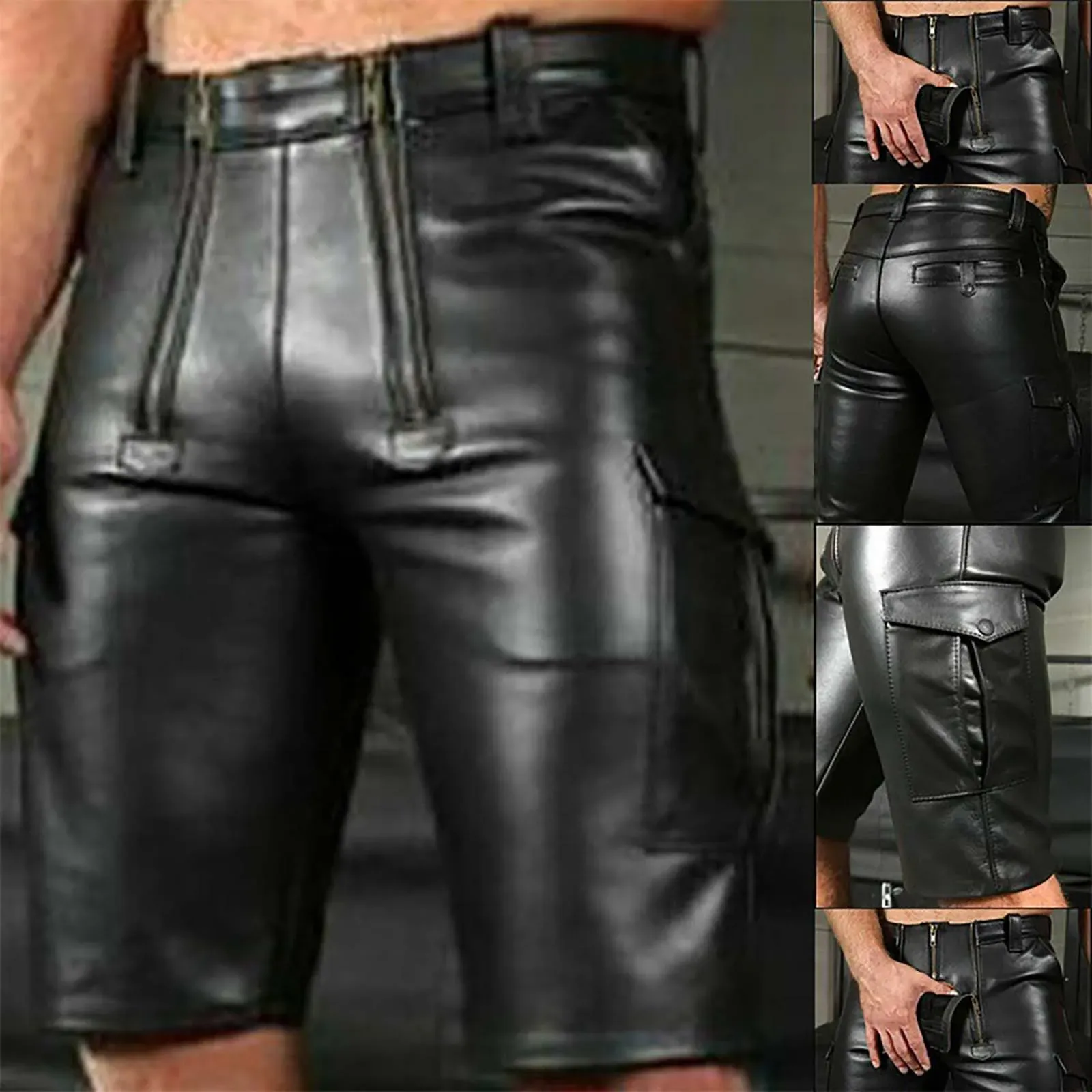 Pantaloni pantaloni in pelle maschile moto motocicletta retrò di colore solido putta casual pantaloni in pelle corta vestiti da uomo corto