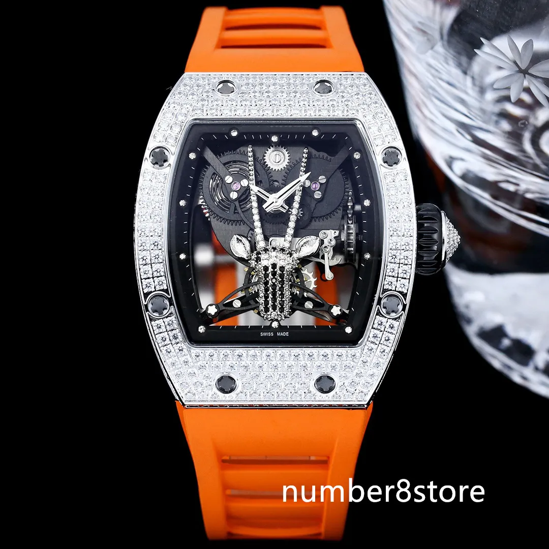 RM51-05 Diamant Automatisch Herenhorloge Roestvrij Staal Geskeletteerde Wijzerplaat Zwitsers Tonneau Polshorloge Saffierkristal Waterdichte Sporthorloges 6 Kleuren