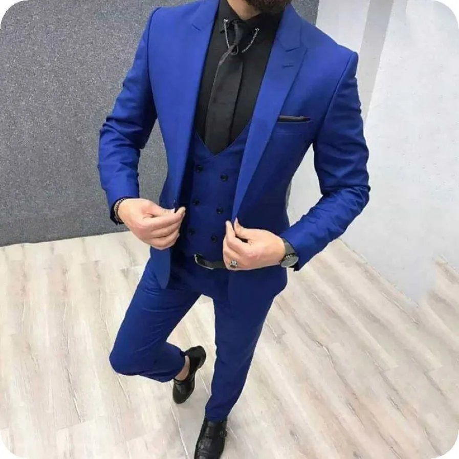 Royal Blue Men Suits Pants Prom Suits Man Blazers Black Groom Wedding Tuxedo Slim Fit Terno Masculino Peaked Lapel 3Piece Costume 219g