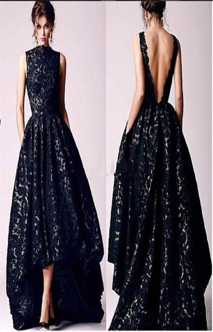 Sexy V-backless hoog laag A-lijn galajurken met zakken Mouwloze avondjurken Kanten zwarte jurk Party7844771