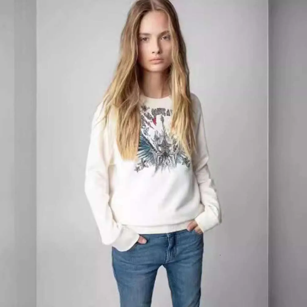 Femmes Zadig Voltaire Sweats À Capuche Printemps Eté Mode Minimaliste ZV Hot Diamond Guitar Wings Imprimé Velours Mince Pur Coton Manches Longues Rondes