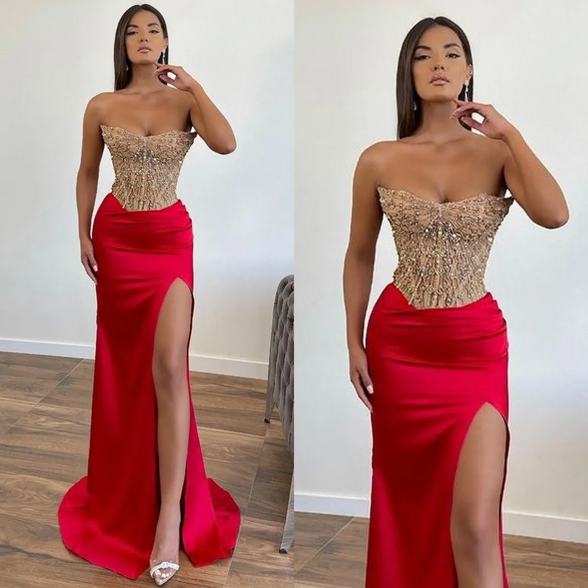 Rotes Meerjungfrau-Abschlussballkleid, Pailletten-Oberteil, trägerlose formelle Abendkleider, elegante Falten-Partykleider für besondere Anlässe, geteilte Robe de Soiree