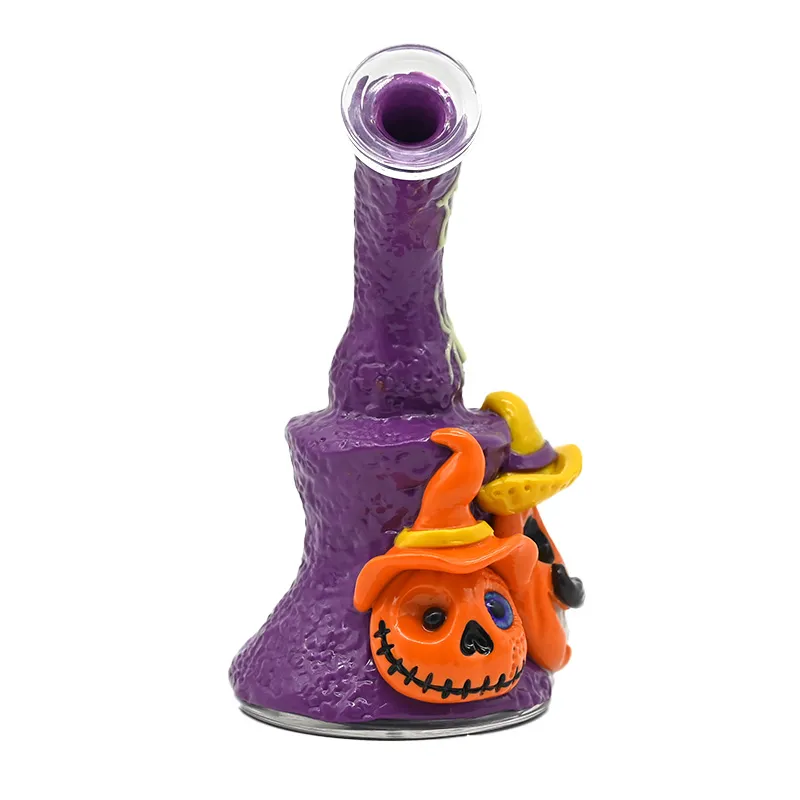 7in,Glass Bubbler With Fixed Diffuser Downstem Water Pipe Bongs,Halloween Style Glass Hookah,Hand Painted Polymer Clay With Glow In Dark,Glass Hookah