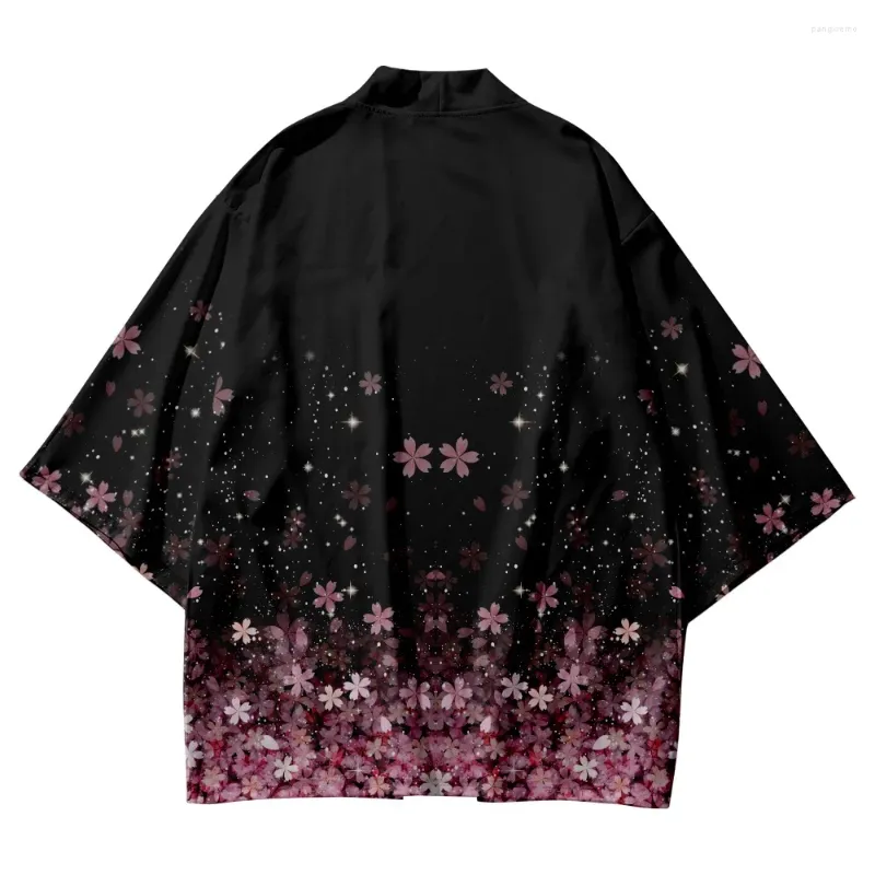 Roupas étnicas Yukata Asiático Harajuku Preto Floral Impressão Kimono e Shorts Define Verão Vintage Japonês Cardigan Mulheres Homens Cosplay