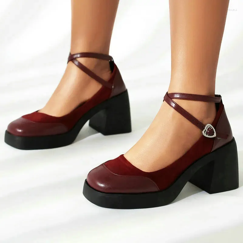 Burgundy Ankle Strap Heels Stylish Student Shoes, Chunky High Heel  Platform Pumps, Comfortable Dress Shoes Big Size Available!