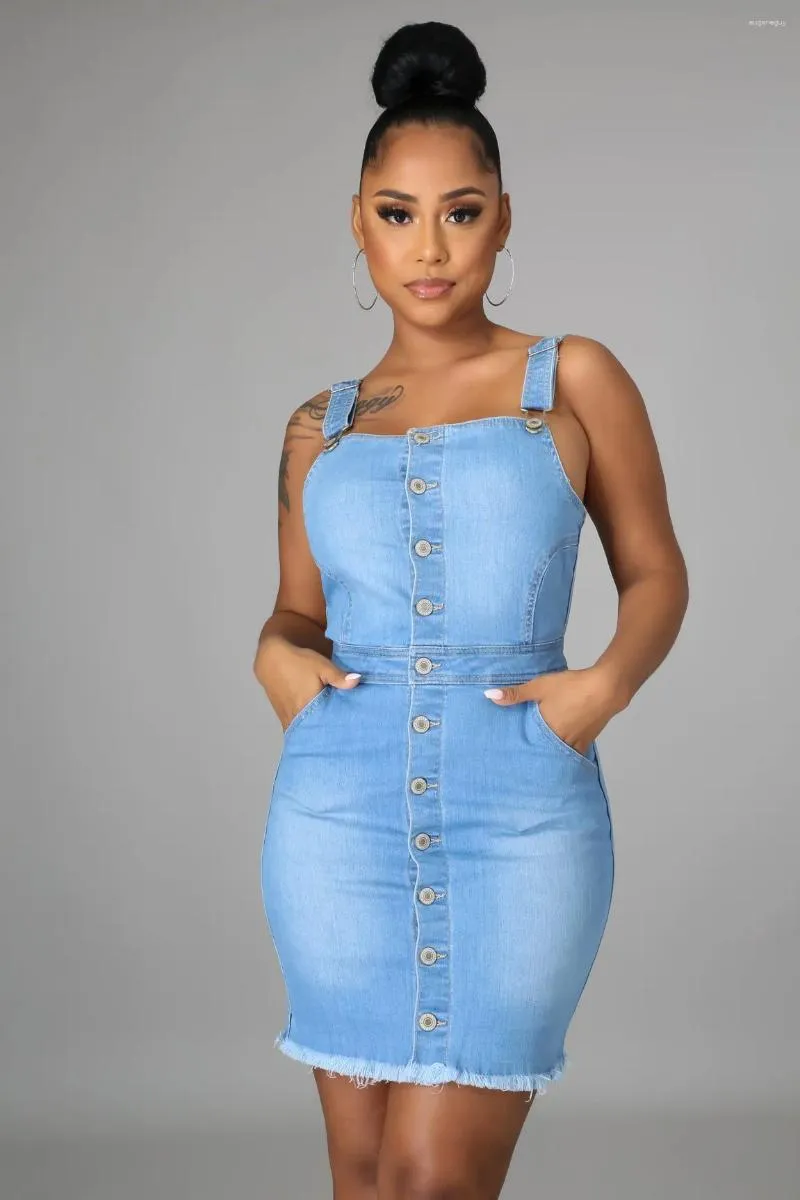 Casual Dresses Denim Skater Dress Sexy Women Spaghetti Strap Bodycon Blue Jeans Pencil Vestidos