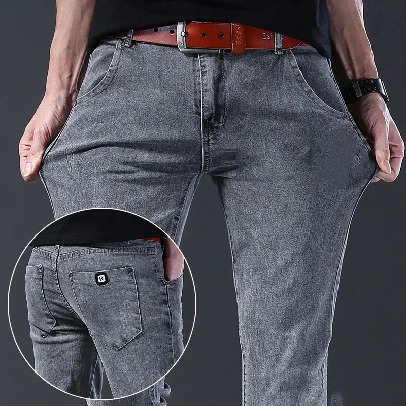 Calça jeans casual masculina reta elástica calça jeans cinza versátil marca de moda longa legal 240227